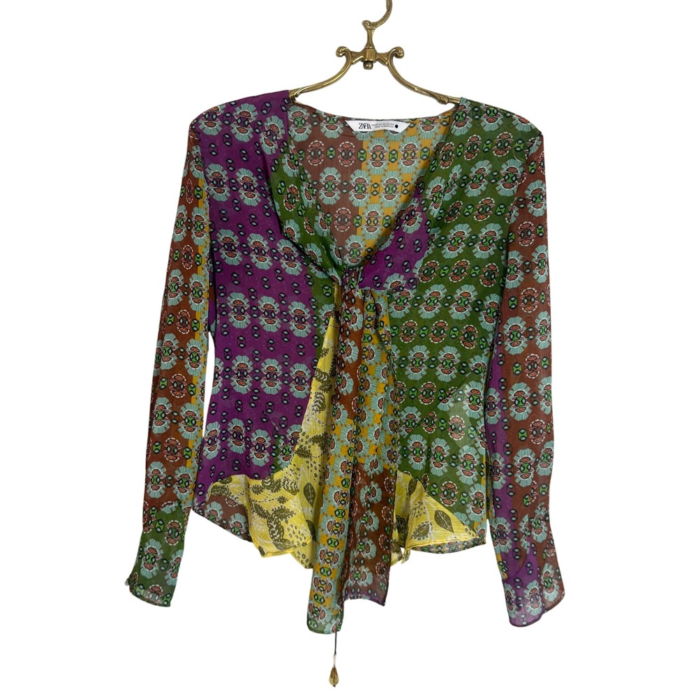Zara Womens XS Mixed Patchwork Tie Front Blouse Long Sleeve Boho Multicolor Top